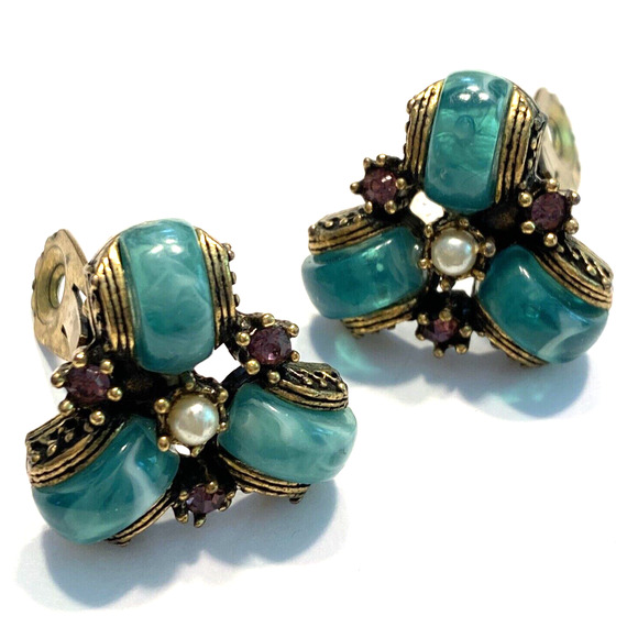 Vintage Mid Century Clip On Earrings Dressy Gold Green Purple Faux Pearl Beads - Picture 8 of 8